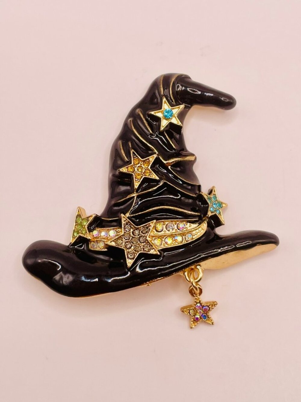 Black Enamel Wizard Hat Brooch Rhinestone Stars & Dangling Charm -37B